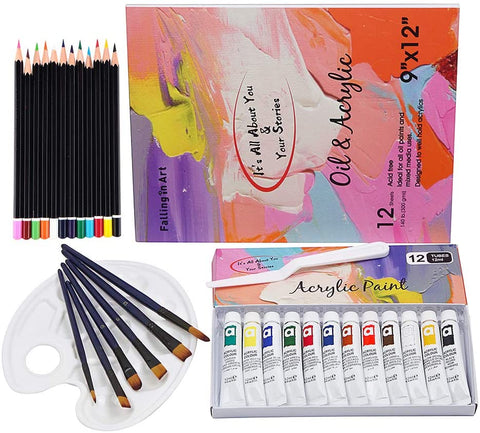 Falling in Art 33 Piece Acrylic Watercolor Painting Set of 12 Colors with Paper Pad, Brushes, Palette