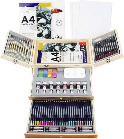 Deluxe Art Supplies, 83 Piece Art Set in Portable Wooden Case, with 2 Drawing Book and 4 Canvas Panels, Professional Art Set for Painting & Drawing