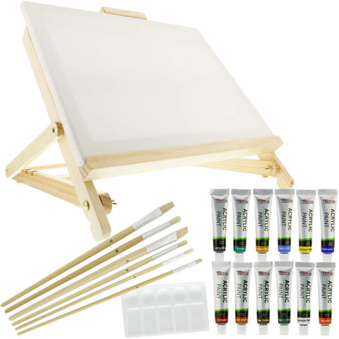 US Art Supply 21-Piece Acrylic Painting Table Easel Set with, 12-Tubes Acrylic Painting Colors, 11"x14" Stretched Canvas