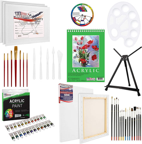 U.S Art Supply 60-Piece Deluxe Acrylic Painting Set with Aluminum Tabletop Easel, 24 Acrylic Colors, Acrylic Painting Pad, Stretched & Canvas Panels